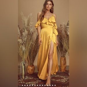 Lulu’s Moriah Mustard Yellow Satin Wrap Maxi Dress Women’s Medium